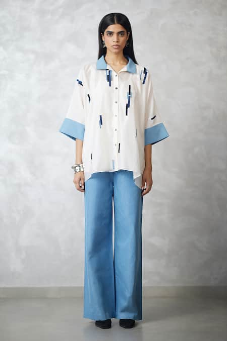 Shop_Nachiket Barve_Ivory Chanderi, Denim Embroidery Collared Skyline Shirt And Pant Set _Online_at_Aza_Fashions