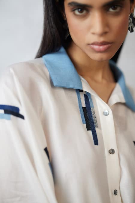 Nachiket Barve_Ivory Chanderi, Denim Embroidery Collared Skyline Shirt And Pant Set _at_Aza_Fashions