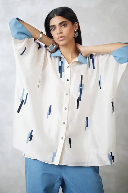 Nachiket Barve Ivory Chanderi, Denim Embroidery Collared Skyline Shirt And Pant Set