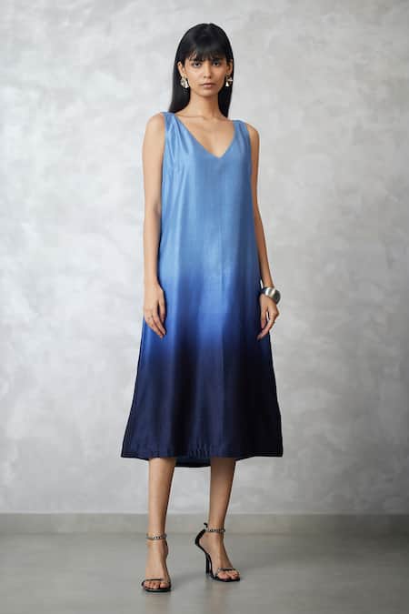 Nachiket Barve_Blue Denim, Chanderi Collared, V-neck Skyline Jacket And Ombre Dress _Online_at_Aza_Fashions