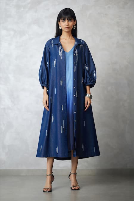 Nachiket Barve Blue Denim, Chanderi Collared, V-neck Skyline Jacket And Ombre Dress