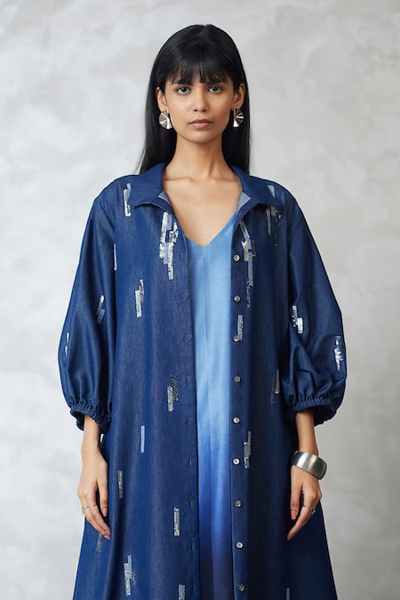 Buy_Nachiket Barve_Blue Denim, Chanderi Collared, V-neck Skyline Jacket And Ombre Dress _Online_at_Aza_Fashions