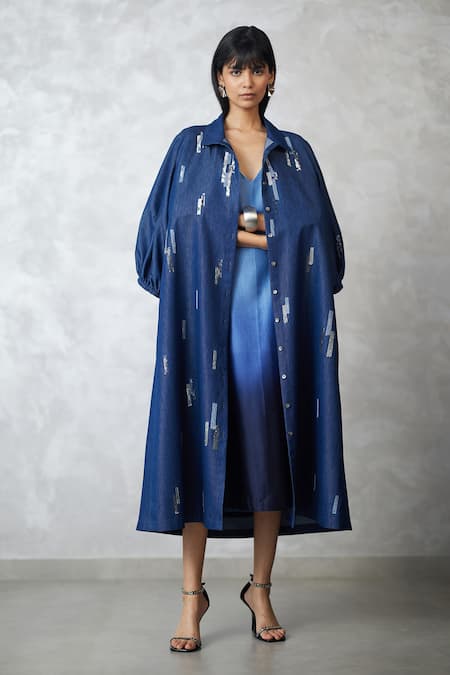 Shop_Nachiket Barve_Blue Denim, Chanderi Collared, V-neck Skyline Jacket And Ombre Dress _Online_at_Aza_Fashions