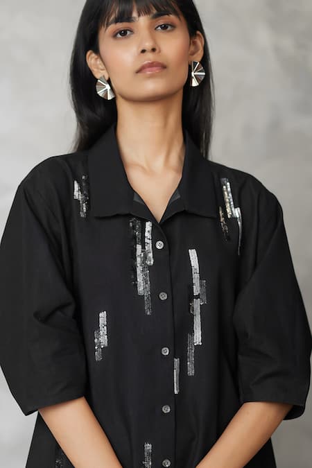 Nachiket Barve_Black Denim Sequins Collared Skyline Bubble Dress _Online_at_Aza_Fashions