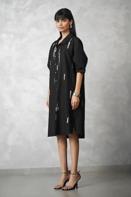 Buy_Nachiket Barve_Black Denim Sequins Collared Skyline Bubble Dress _Online_at_Aza_Fashions