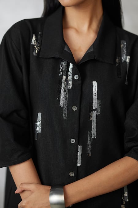 Shop_Nachiket Barve_Black Denim Sequins Collared Skyline Bubble Dress _Online_at_Aza_Fashions