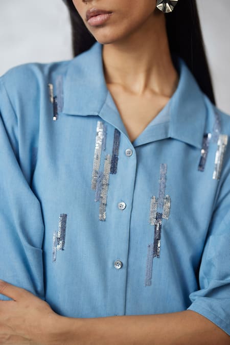 Nachiket Barve_Blue Denim Embroidery Collared Skyline Bubble Dress _Online_at_Aza_Fashions