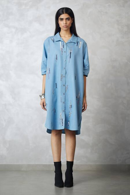 Buy_Nachiket Barve_Blue Denim Embroidery Collared Skyline Bubble Dress _Online_at_Aza_Fashions