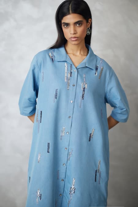 Shop_Nachiket Barve_Blue Denim Embroidery Collared Skyline Bubble Dress _Online_at_Aza_Fashions