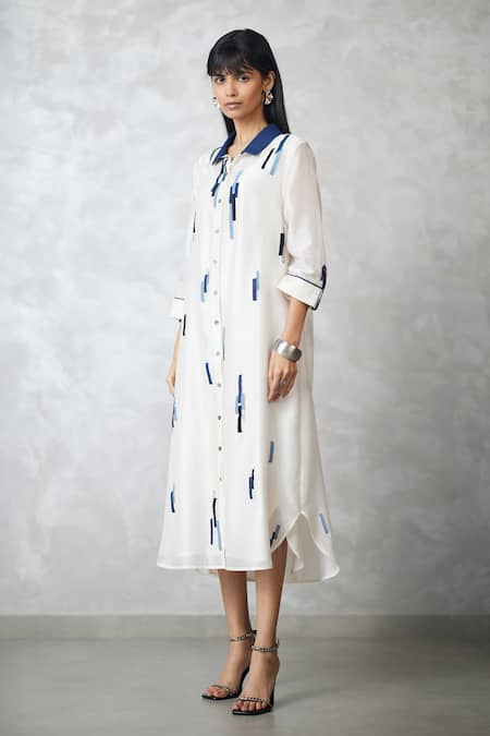 Nachiket Barve_Ivory Chanderi, Shantoon Embroidery Collared Skyline Shirt Dress _Online_at_Aza_Fashions
