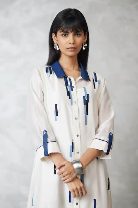 Buy_Nachiket Barve_Ivory Chanderi, Shantoon Embroidery Collared Skyline Shirt Dress _Online_at_Aza_Fashions