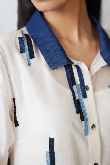 Shop_Nachiket Barve_Ivory Chanderi, Shantoon Embroidery Collared Skyline Shirt Dress _Online_at_Aza_Fashions