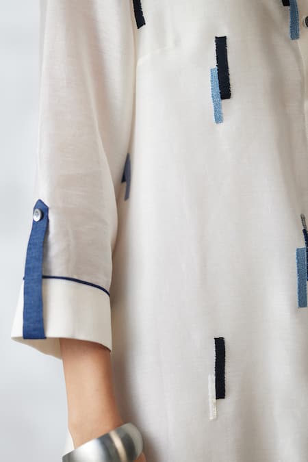 Nachiket Barve_Ivory Chanderi, Shantoon Embroidery Collared Skyline Shirt Dress _at_Aza_Fashions
