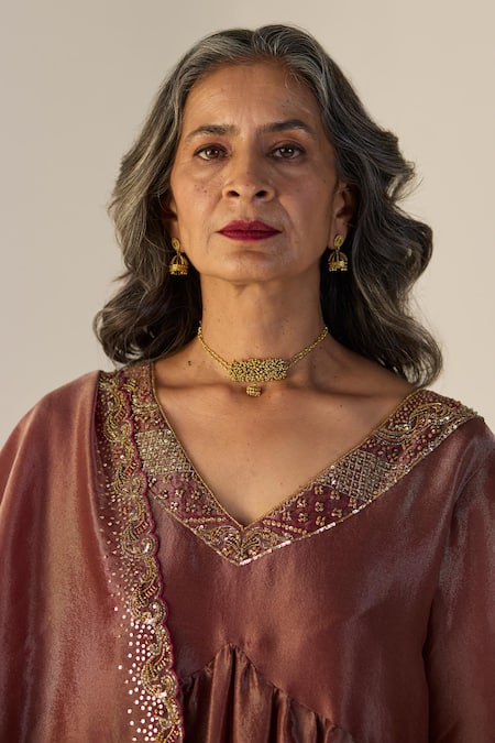 Sarang Kaur_Rust Tissue Embroidery V-neck Rehmat Lehenga Set _Online_at_Aza_Fashions