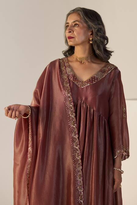 Buy_Sarang Kaur_Rust Tissue Embroidery V-neck Rehmat Lehenga Set _Online_at_Aza_Fashions