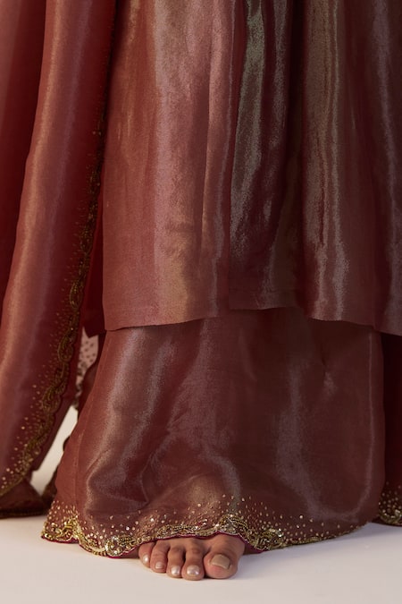 Shop_Sarang Kaur_Rust Tissue Embroidery V-neck Rehmat Lehenga Set _Online_at_Aza_Fashions
