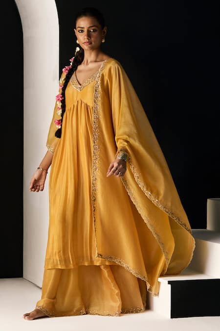 Shop_Sarang Kaur_Yellow Tissue Embroidery V-neck Rehmat Lehenga Set _Online_at_Aza_Fashions