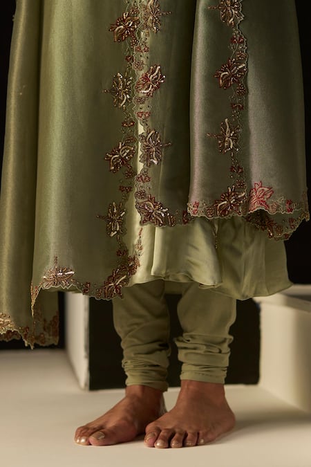 Sarang Kaur_Green Satin, Silk, Lycra, Tissue Embroidery Round Neck Nazakat Kurta Set _Online_at_Aza_Fashions