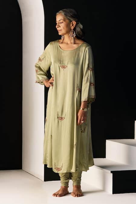 Buy_Sarang Kaur_Green Satin, Silk, Lycra, Tissue Embroidery Round Neck Nazakat Kurta Set _Online_at_Aza_Fashions