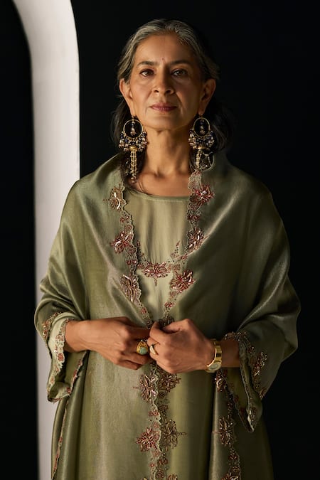 Buy_Sarang Kaur_Green Satin, Silk, Lycra, Tissue Embroidery Round Neck Nazakat Kurta Set 