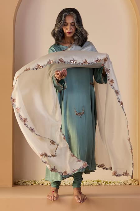 Sarang Kaur_Blue Satin, Silk, Lycra, Tissue Embroidery Round Neck Nazakat Kurta Set _Online_at_Aza_Fashions