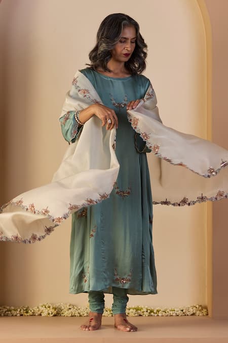 Buy_Sarang Kaur_Blue Satin, Silk, Lycra, Tissue Embroidery Round Neck Nazakat Kurta Set _Online_at_Aza_Fashions