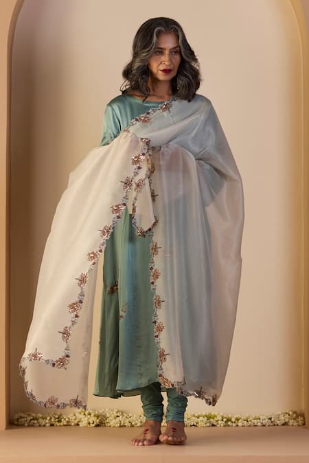 Shop_Sarang Kaur_Blue Satin, Silk, Lycra, Tissue Embroidery Round Neck Nazakat Kurta Set _Online_at_Aza_Fashions