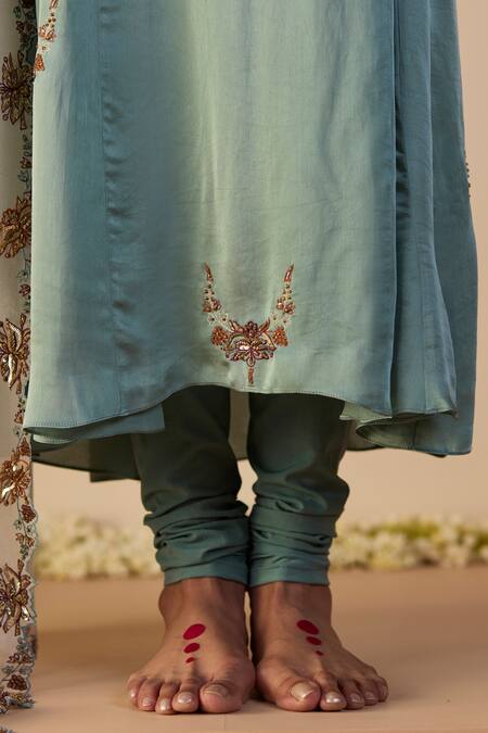 Sarang Kaur_Blue Satin, Silk, Lycra, Tissue Embroidery Round Neck Nazakat Kurta Set _at_Aza_Fashions