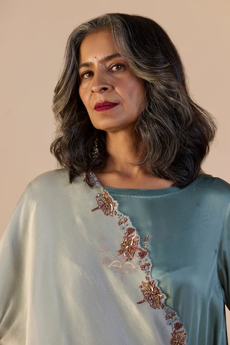 Buy_Sarang Kaur_Blue Satin, Silk, Lycra, Tissue Embroidery Round Neck Nazakat Kurta Set 