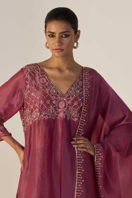 Shop_Sarang Kaur_Purple Tissue Embroidery V-neck Badla Kurta Set _Online_at_Aza_Fashions