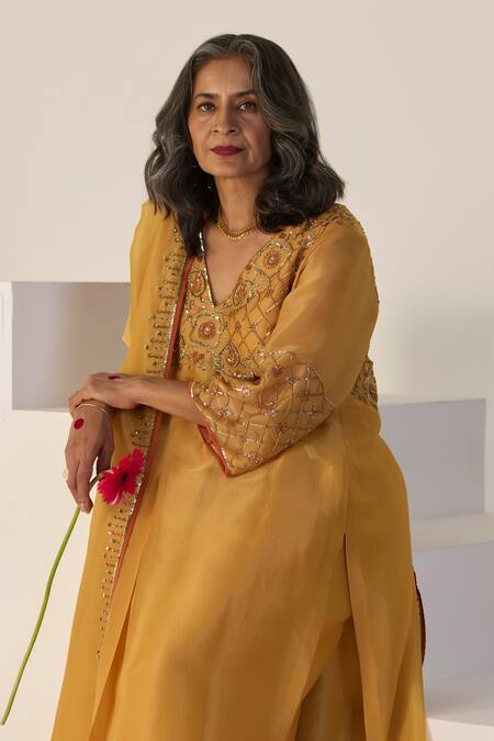 Shop_Sarang Kaur_Yellow Tissue, Silk Embroidery V-neck Badla Kurta Set _Online_at_Aza_Fashions