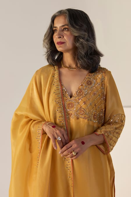 Buy_Sarang Kaur_Yellow Tissue, Silk Embroidery V-neck Badla Kurta Set 
