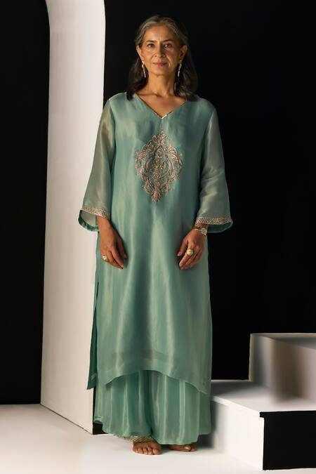 Buy_Sarang Kaur_Blue Tissue, Silk, Organza Embroidery, Zari V-neck Sana Kurta Set _Online_at_Aza_Fashions