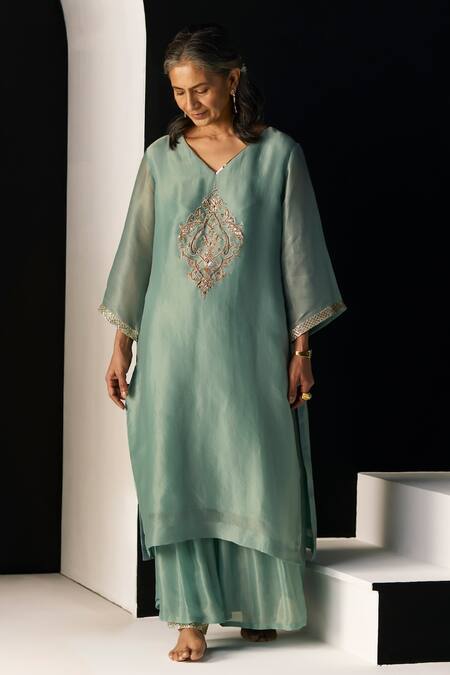 Shop_Sarang Kaur_Blue Tissue, Silk, Organza Embroidery, Zari V-neck Sana Kurta Set _Online_at_Aza_Fashions