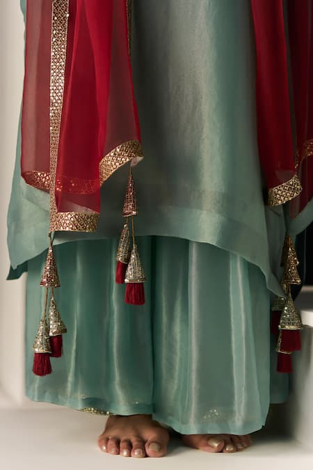 Buy_Sarang Kaur_Blue Tissue, Silk, Organza Embroidery, Zari V-neck Sana Kurta Set 