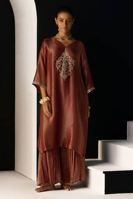 Buy_Sarang Kaur_Rust Tissue, Silk, Organza Embroidery V-neck Sana Kurta Set _Online_at_Aza_Fashions