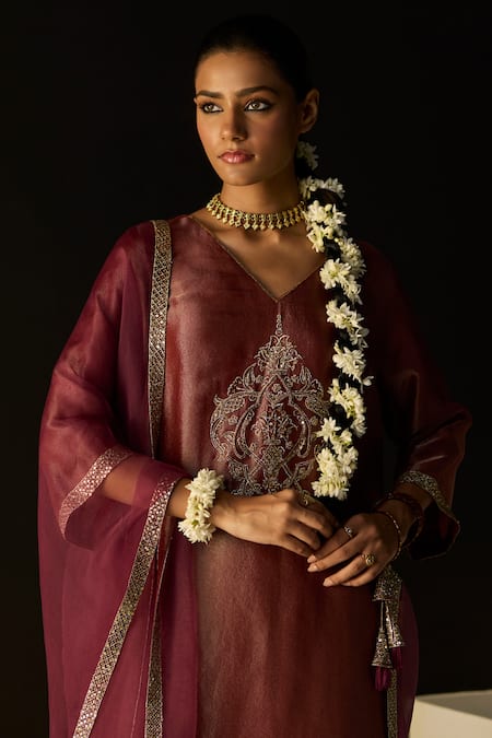 Shop_Sarang Kaur_Rust Tissue, Silk, Organza Embroidery V-neck Sana Kurta Set _Online_at_Aza_Fashions