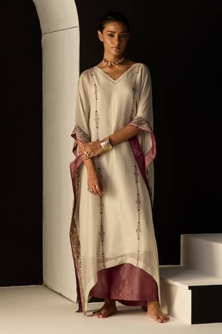 Sarang Kaur_White Silk, Tissue Embroidery V-neck Rana Kaftan Set _Online_at_Aza_Fashions