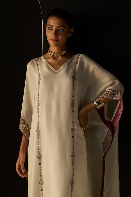 Buy_Sarang Kaur_White Silk, Tissue Embroidery V-neck Rana Kaftan Set _Online_at_Aza_Fashions