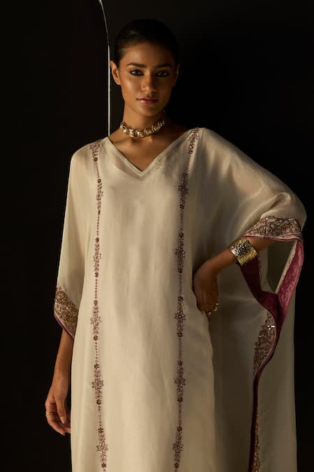 Shop_Sarang Kaur_White Silk, Tissue Embroidery V-neck Rana Kaftan Set _Online_at_Aza_Fashions