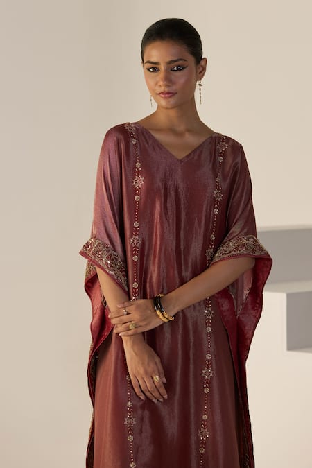 Sarang Kaur_Rust Silk, Tissue Embroidery V-neck Rana Kaftan Set _Online_at_Aza_Fashions