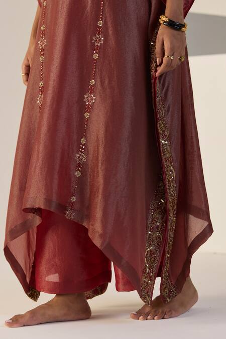 Buy_Sarang Kaur_Rust Silk, Tissue Embroidery V-neck Rana Kaftan Set _Online_at_Aza_Fashions