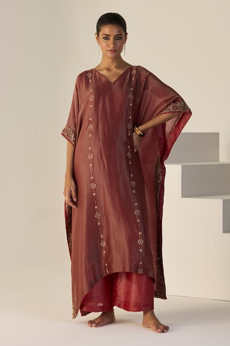 Sarang Kaur Rust Silk, Tissue Embroidery V-neck Rana Kaftan Set 
