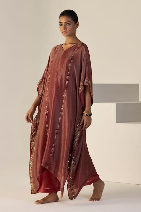 Shop_Sarang Kaur_Rust Silk, Tissue Embroidery V-neck Rana Kaftan Set _Online_at_Aza_Fashions