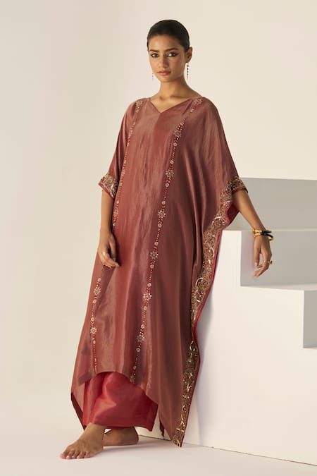 Sarang Kaur_Rust Silk, Tissue Embroidery V-neck Rana Kaftan Set _at_Aza_Fashions