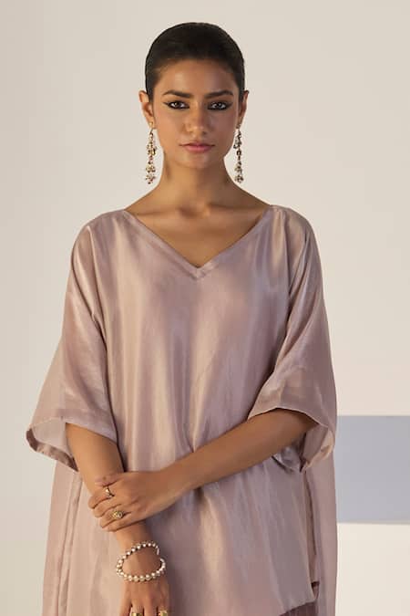 Sarang Kaur_Purple Tissue, Silk Embroidery V-neck Zehra Kaftan Set _Online_at_Aza_Fashions