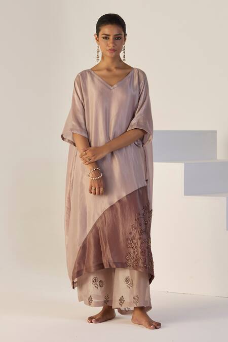 Shop_Sarang Kaur_Purple Tissue, Silk Embroidery V-neck Zehra Kaftan Set _Online_at_Aza_Fashions