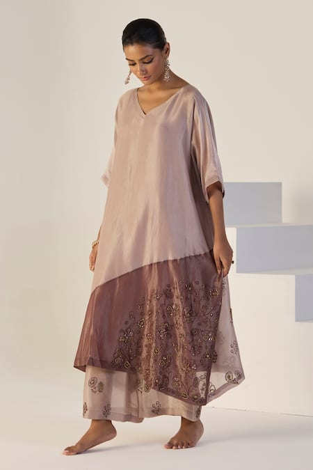 Sarang Kaur_Purple Tissue, Silk Embroidery V-neck Zehra Kaftan Set _at_Aza_Fashions