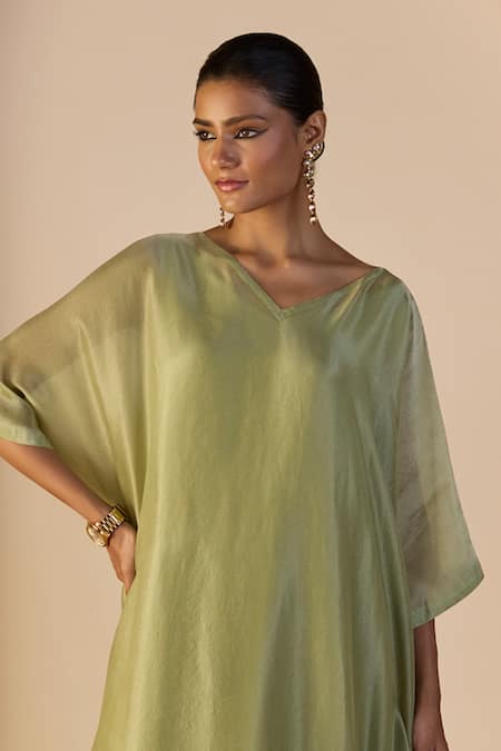 Sarang Kaur_Green Tissue, Silk Embroidery V-neck Zehra Kaftan Set _Online_at_Aza_Fashions