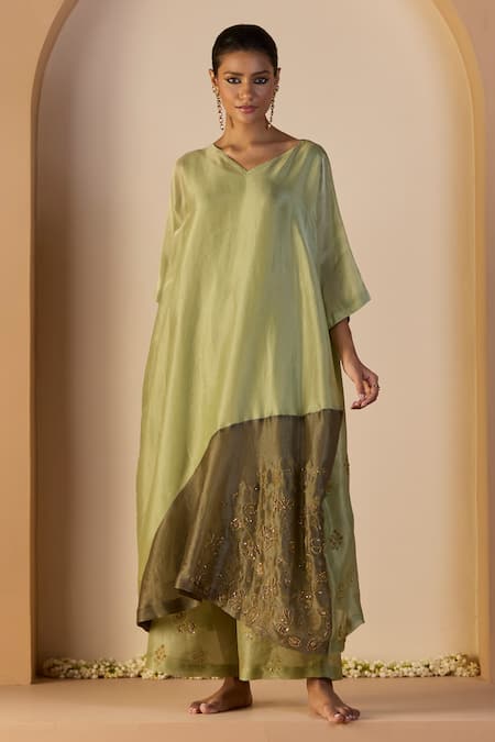 Buy_Sarang Kaur_Green Tissue, Silk Embroidery V-neck Zehra Kaftan Set _Online_at_Aza_Fashions